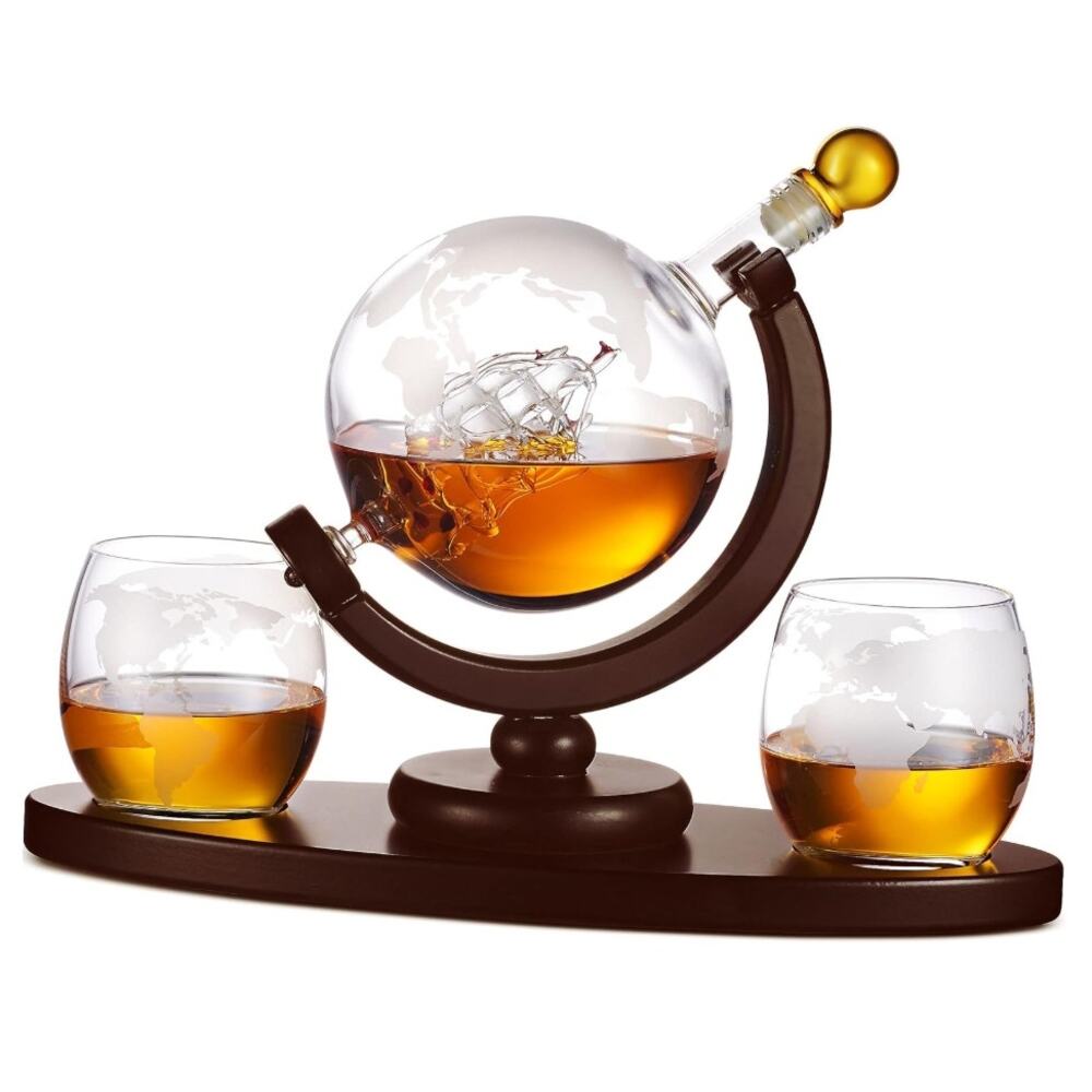 Godinger Globe Whiskey Decanter Set 850ml 2 Glasses Open Box New